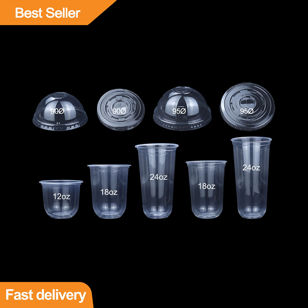 12 16 24 32 oz U Shaped Take Away Slush Sealable Compostable Disposable Plastic Juice Boba Tea Smoothies Cups For Dessert