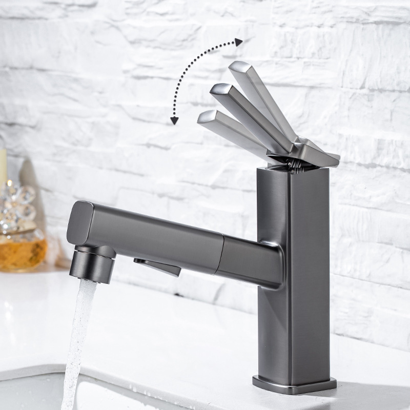 Modern Multi-function Gun Gray Flexible Rotation Pull out Basin Faucet Hot And Cold Water Sprayer Bathroom Mixer Taps