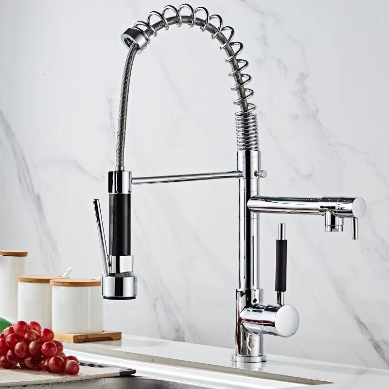 Commercial Chrome Luxury Single Hole Single Lever Brass Sink Tap Pull Out Spring Sprayer Dual Spout Kitchen Faucet