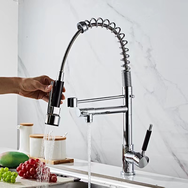 Commercial Chrome Luxury Single Hole Single Lever Brass Sink Tap Pull Out Spring Sprayer Dual Spout Kitchen Faucet