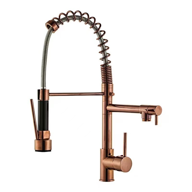 Popular Luxury Rose Gold Spring Single Handle Pull Down Kitchen Sink Faucets Brass Pull Out Kitchen Faucet Sprayer