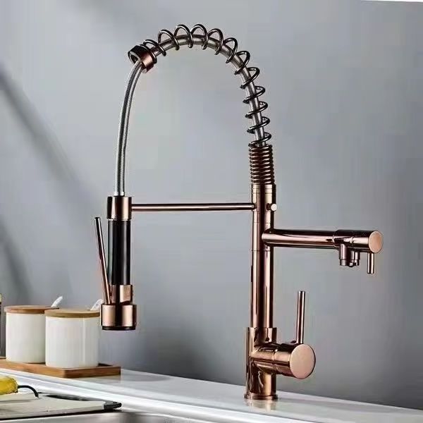 Popular Luxury Rose Gold Spring Single Handle Pull Down Kitchen Sink Faucets Brass Pull Out Kitchen Faucet Sprayer