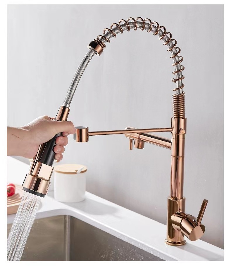 Popular Luxury Rose Gold Spring Single Handle Pull Down Kitchen Sink Faucets Brass Pull Out Kitchen Faucet Sprayer