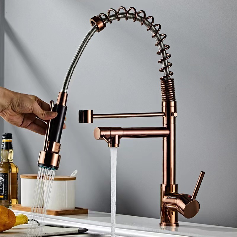 Popular Luxury Rose Gold Spring Single Handle Pull Down Kitchen Sink Faucets Brass Pull Out Kitchen Faucet Sprayer