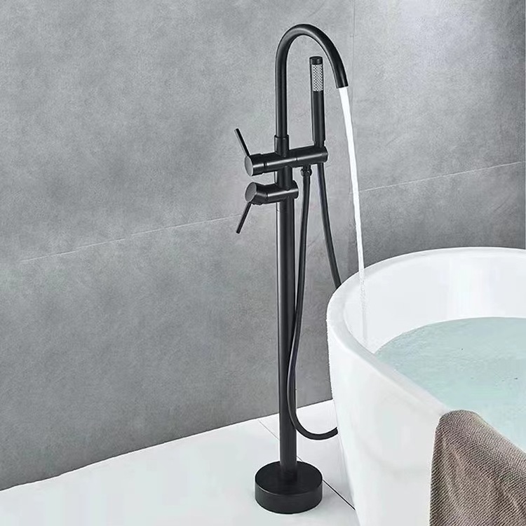 Luxury Brass Rotation Spout Freestanding Bathtub Filter Faucet Waterfall Black Exposed Bathroom Floor Mount Shower Set Mixer