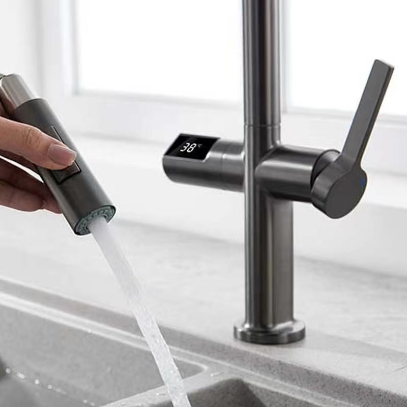 New Arrival Intelligent Digital Display Pull Down Sprayer Mixer Kitchen Faucet Infrared Touchless Gun Grey Kitchen Sink Faucet