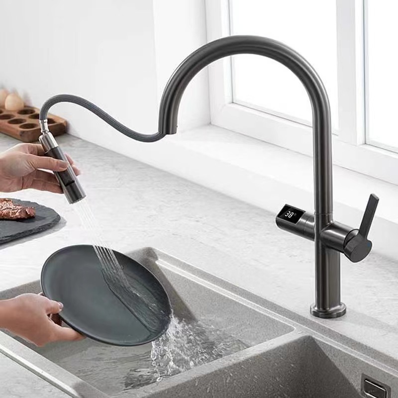 New Arrival Intelligent Digital Display Pull Down Sprayer Mixer Kitchen Faucet Infrared Touchless Gun Grey Kitchen Sink Faucet