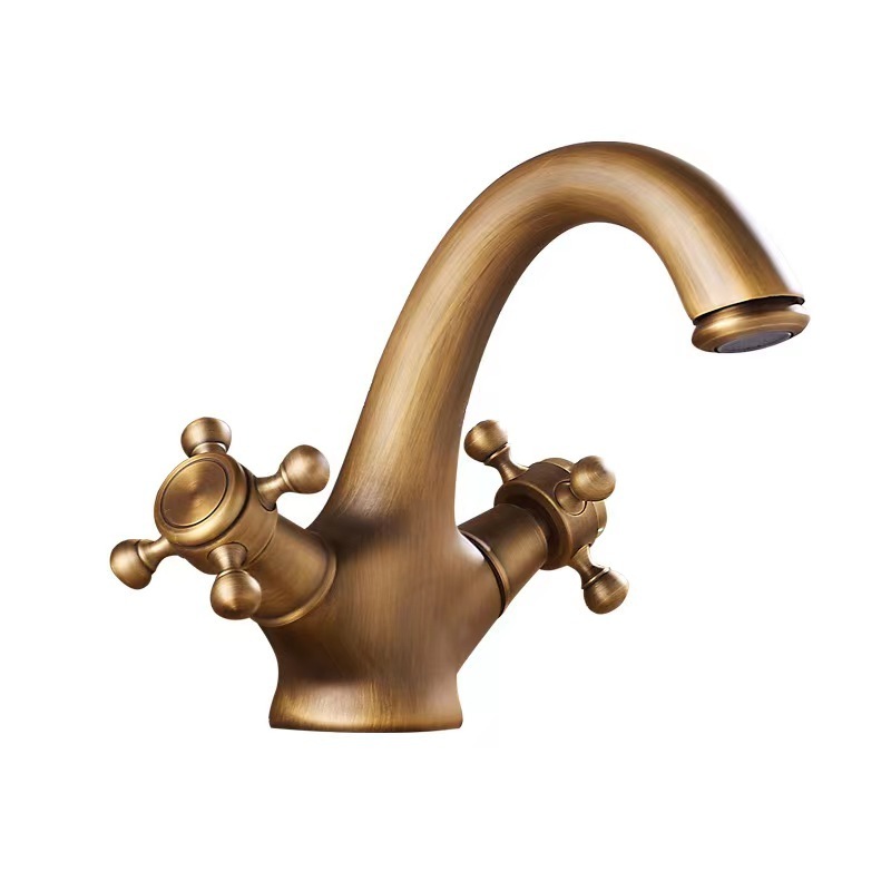 Factory Wholesale Brass Retro Yellow-Gold Faucet Double Handle One Hole Bathroom Faucets Hot And Cold Water Washbasin Tap