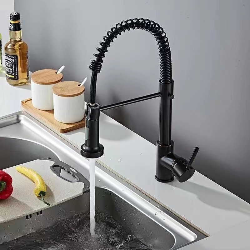 High Quality Brass Black Spring Faucet One Handle Drop Down Dual Function Sprayer Sink Tap Kitchen Hot And Cold Water Faucets