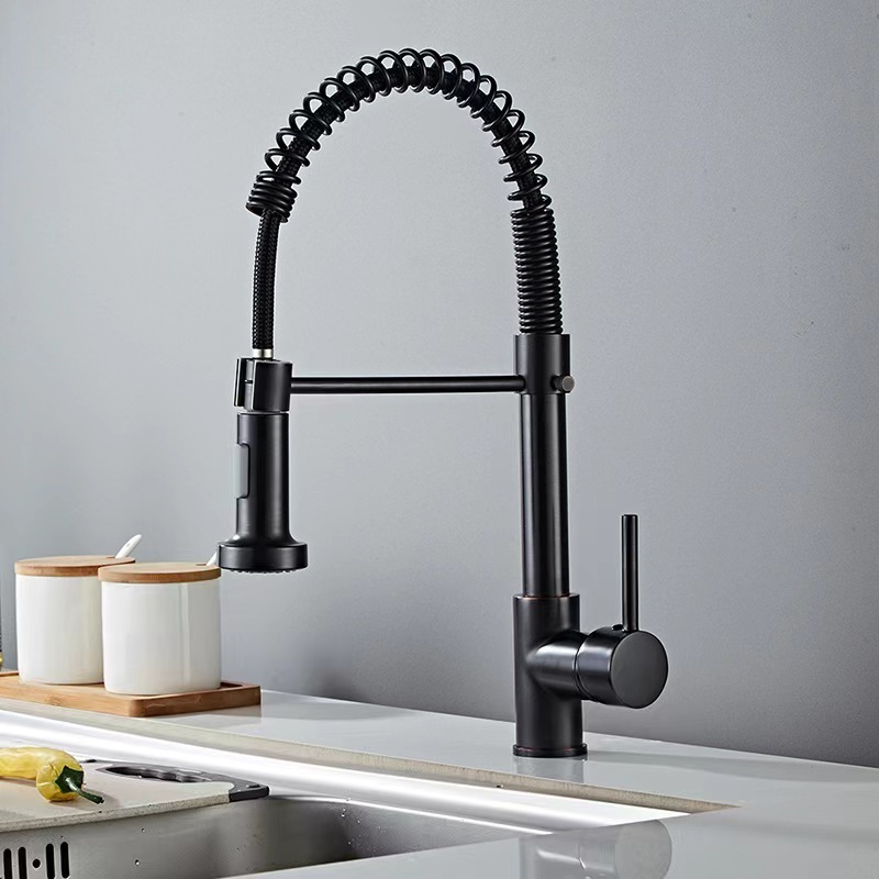 High Quality Brass Black Spring Faucet One Handle Drop Down Dual Function Sprayer Sink Tap Kitchen Hot And Cold Water Faucets