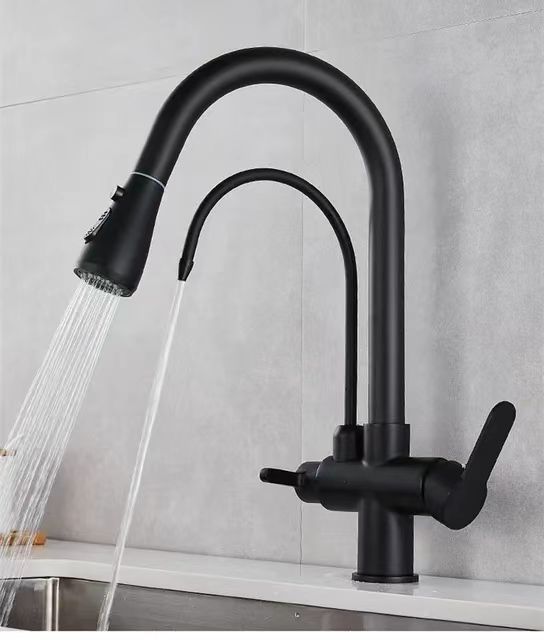 Hot Black Brass Kitchen Sink Faucet Drop Down Double Handle 3-in-1 Water Filter Mixer 360 Rotary Hot And Cold Mixing Faucets