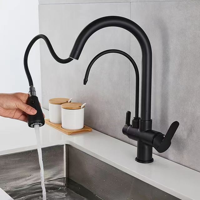 Hot Black Brass Kitchen Sink Faucet Drop Down Double Handle 3-in-1 Water Filter Mixer 360 Rotary Hot And Cold Mixing Faucets