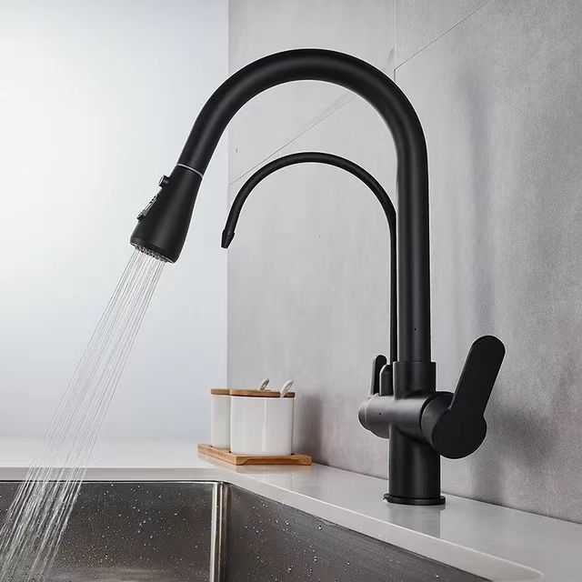 Hot Black Brass Kitchen Sink Faucet Drop Down Double Handle 3-in-1 Water Filter Mixer 360 Rotary Hot And Cold Mixing Faucets