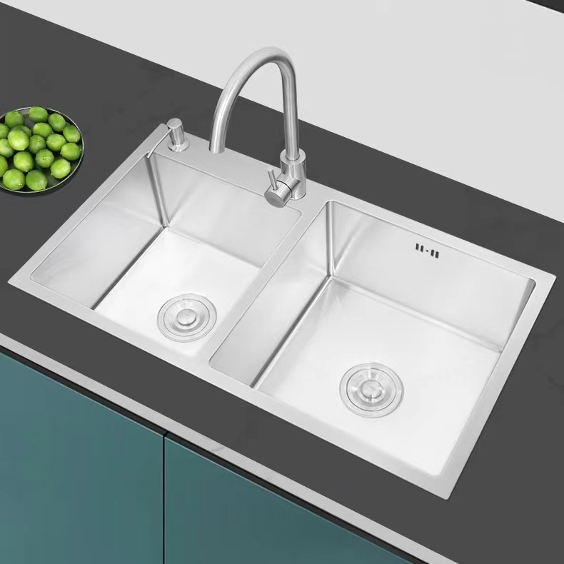 Modern Handmade Stainless Steel Nano Sink Brushed SUS304 Double Bowl Kitchen Sink Food Grade Oil Resistant Sink