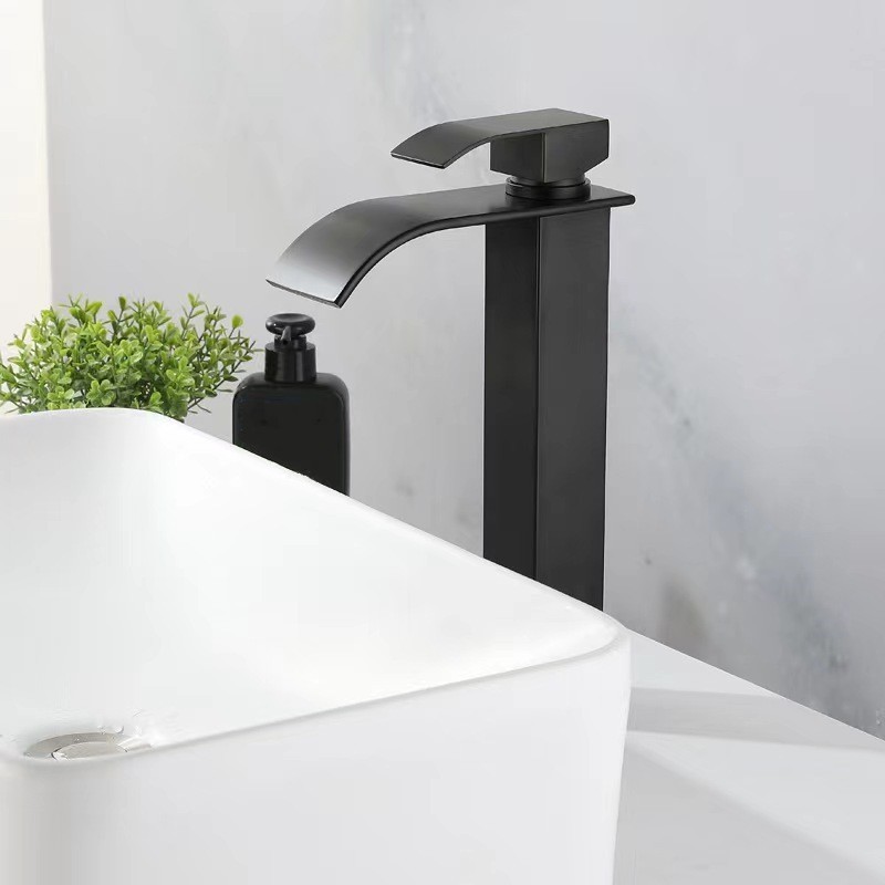 Modern Stainless Steel Matte Black Single Handle Waterfall Lavatory Bathroom Sink Faucet Mixer Vanity Tall Basin Faucet