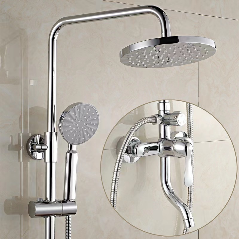 Modern Brass Simple Wall Mounted Rain Shower Column Faucet Set Chrome 3 Functions Shower Set