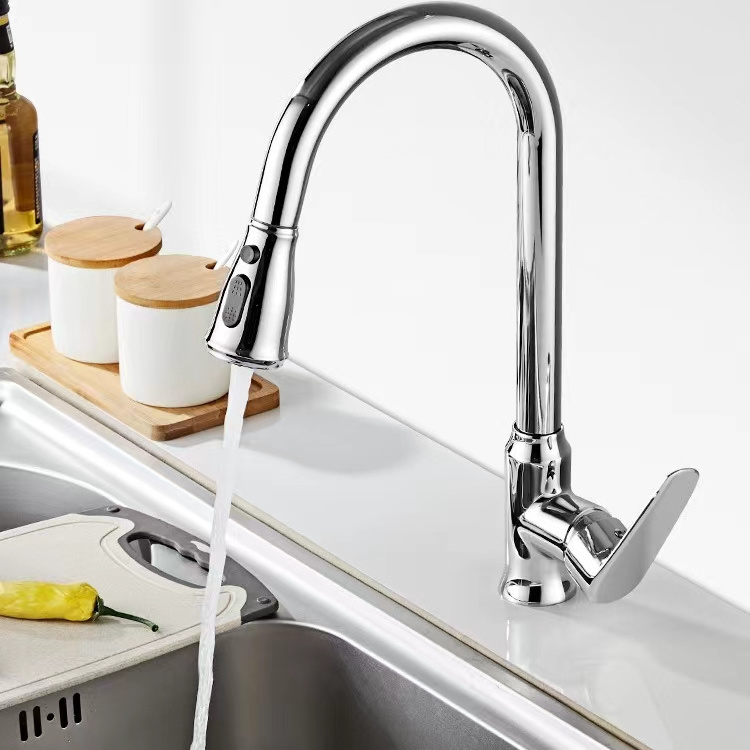 Modern Brass Chrome  Kitchen Faucet Pull Down Dual Function Sprayer Sink Tap 360 Degrees Rotary Hot And Cold Water Mixing Mixer