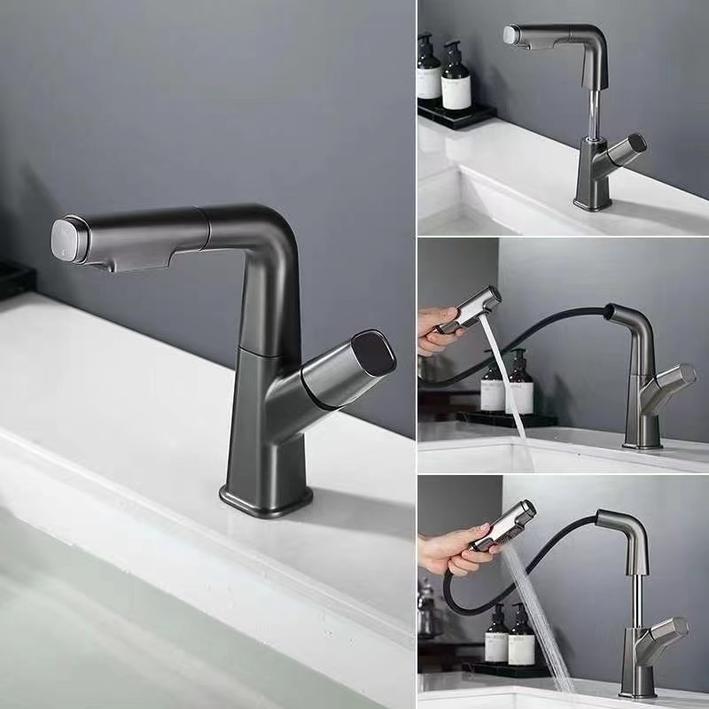 Factory Wholesale New Gun Gray Basin Faucet Pull Down Lift Brass Tap 360 Degrees Rotating Hot And Cold Bathroom Faucets