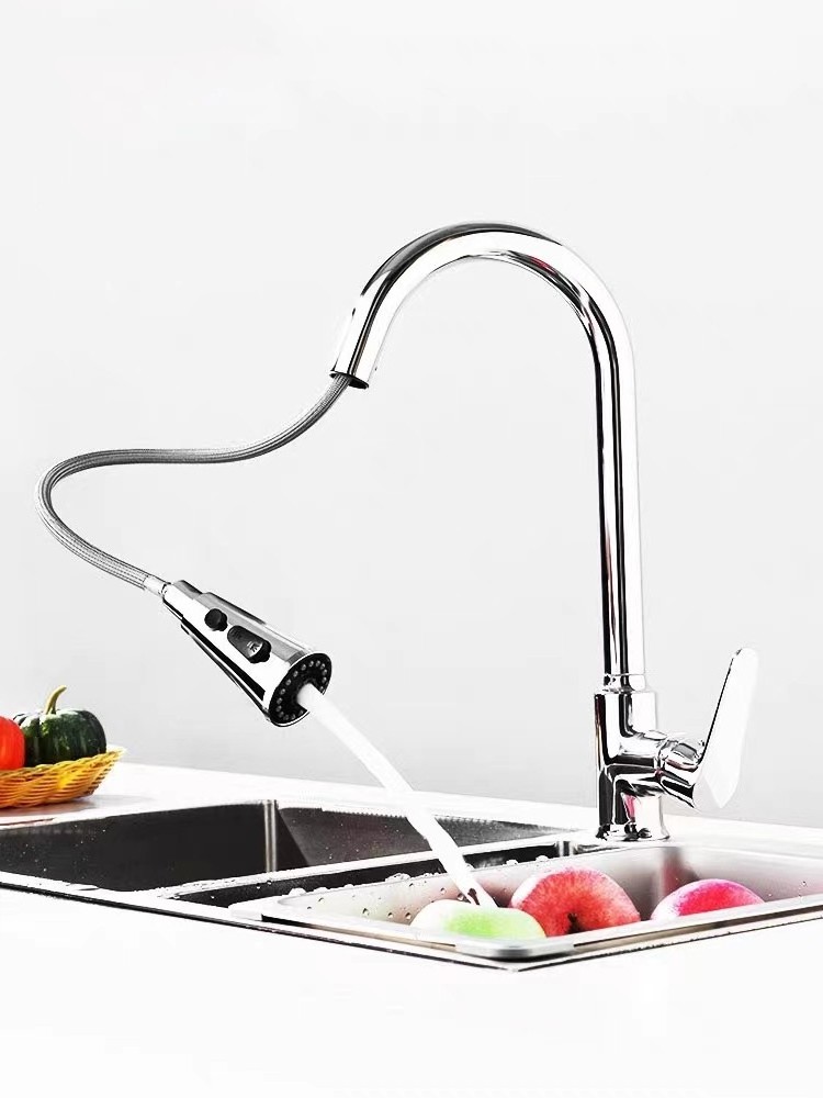 Modern Brass Chrome  Kitchen Faucet Pull Down Dual Function Sprayer Sink Tap 360 Degrees Rotary Hot And Cold Water Mixing Mixer