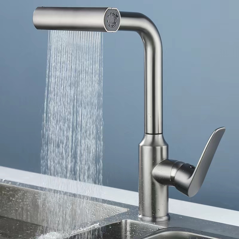 Factory New Design Gun Grey 304 Stainless Steel Rain Waterfall Faucet Single Handle Hot And Cold Kitchen Faucets Drop Sink Tap