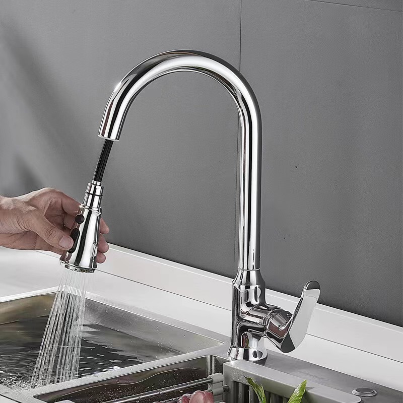 Modern Brass Chrome  Kitchen Faucet Pull Down Dual Function Sprayer Sink Tap 360 Degrees Rotary Hot And Cold Water Mixing Mixer