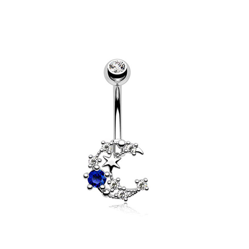 YICAI Sexy Blue Crystal Crescent Skull Belly Button Ring Piercing For Women Stainless Steel CZ Planet Belly Piercing