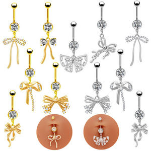 NUORO Fashion 14G  Bow Dangle Belly Button Rings Surgical Steel Gold Color Zircon Bowknot Navel Rings for Women