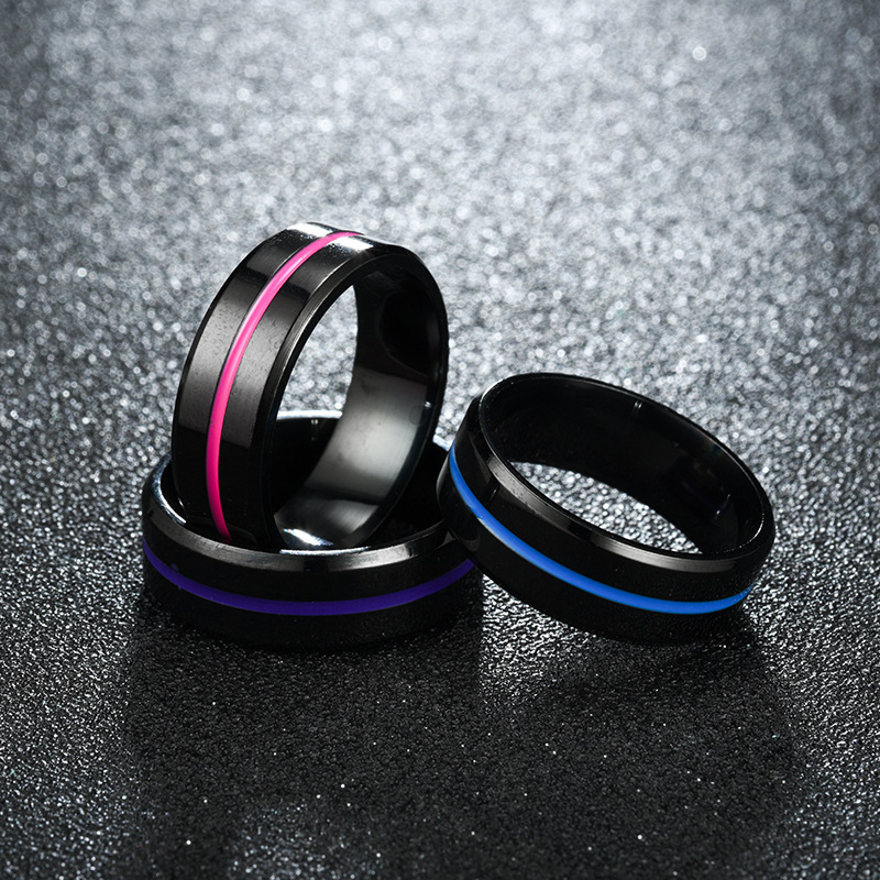 YICAI 8MM Pink Blue Thin Colorful Line Groove Drip Oil Black Ring For Women Man Stainless Steel Wedding Band Ring