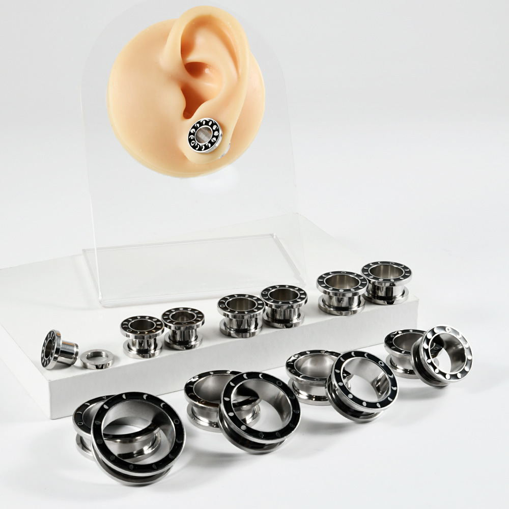 YICAI 316L Stainless Steel Black Moon Ear Tunnels Plugs 8-25MM Double Flared Crescent stretcher Ear Plug Earring Lobe Tunnel