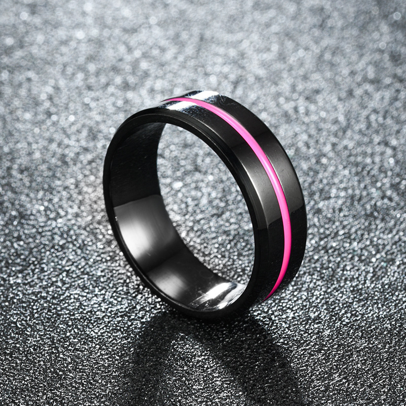 YICAI 8MM Pink Blue Thin Colorful Line Groove Drip Oil Black Ring For Women Man Stainless Steel Wedding Band Ring