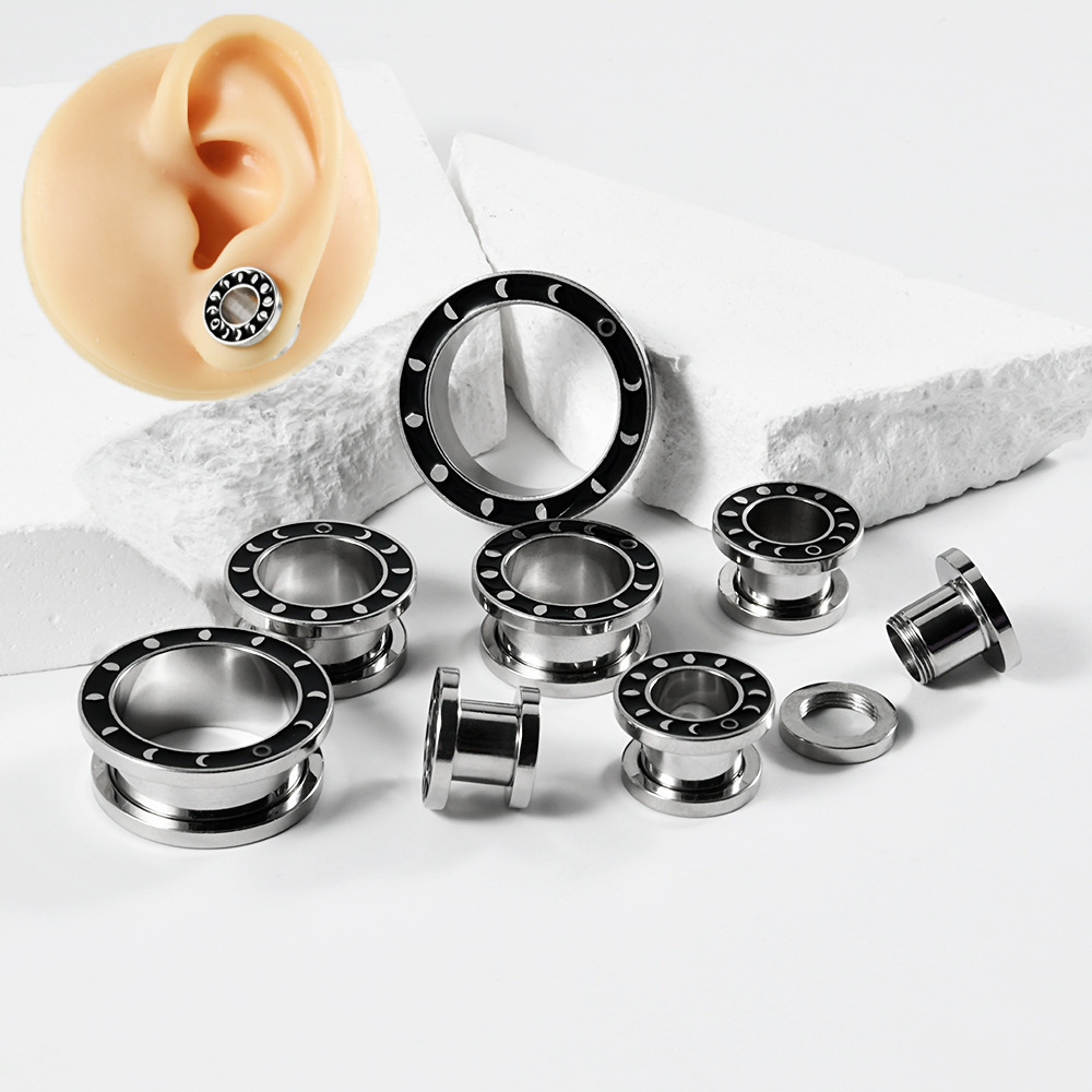 YICAI 316L Stainless Steel Black Moon Ear Tunnels Plugs 8-25MM Double Flared Crescent stretcher Ear Plug Earring Lobe Tunnel