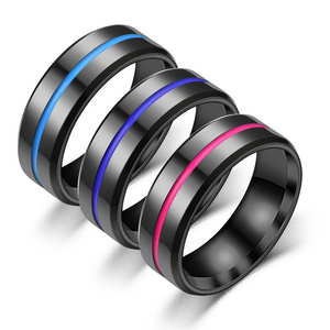 YICAI 8MM Pink Blue Thin Colorful Line Groove Drip Oil Black Ring For Women Man Stainless Steel Wedding Band Ring