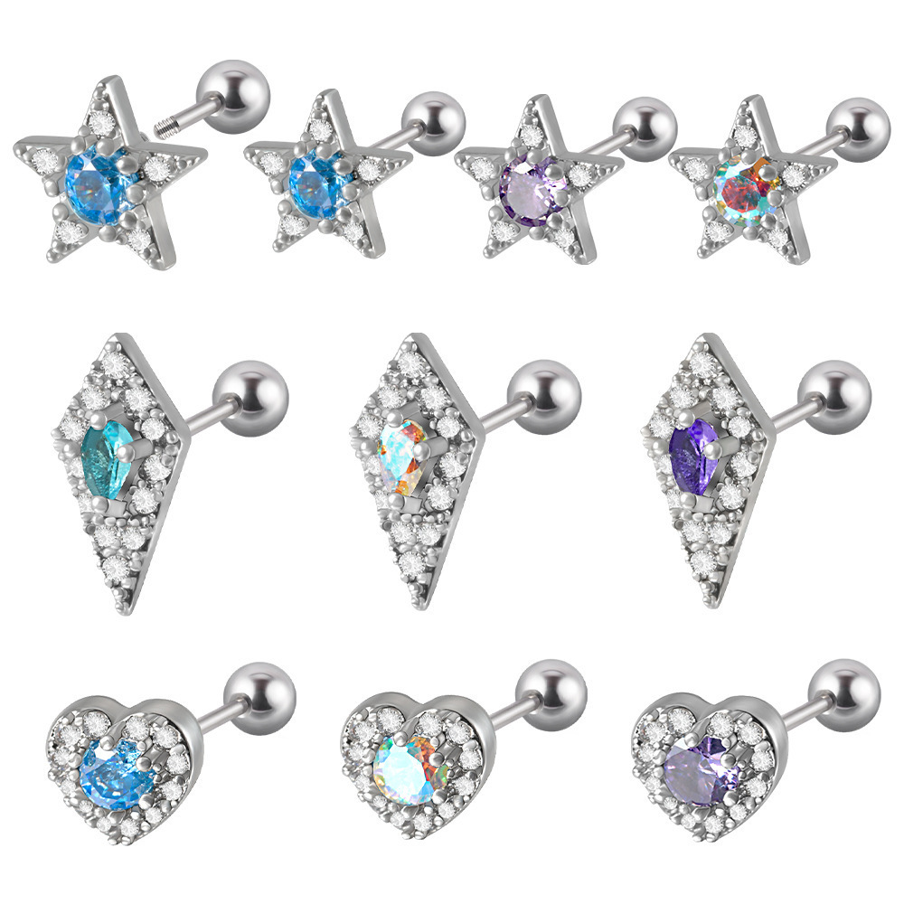 YICAI 316L Stainless Steel Heart Star Helix Piercing  Crystal Love Labret Tragus Piercing CZ Star Conch Cartilage Ear Stud