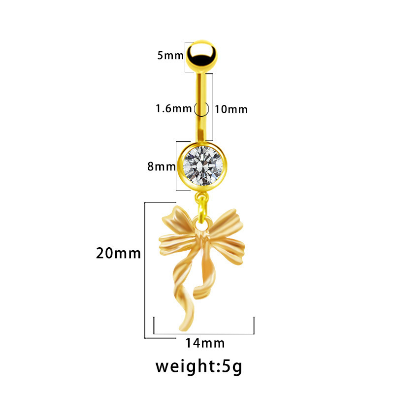 NUORO Fashion 14G  Bow Dangle Belly Button Rings Surgical Steel Gold Color Zircon Bowknot Navel Rings for Women