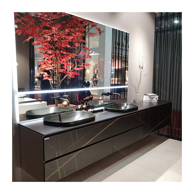 matt black color stainless steel bathroom vanities with double sink and led make up mirror