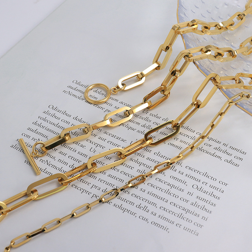 Waterproof Jewelry OT Toggle Clasp Flat Rectangle Link Chain 18K Gold Plated Stainless Steel Thick Paperclip Chain Necklace