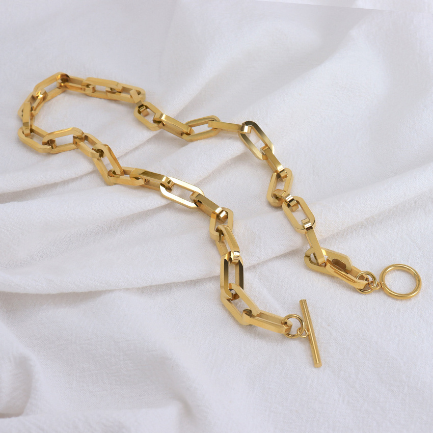 Waterproof Jewelry OT Toggle Clasp Flat Rectangle Link Chain 18K Gold Plated Stainless Steel Thick Paperclip Chain Necklace