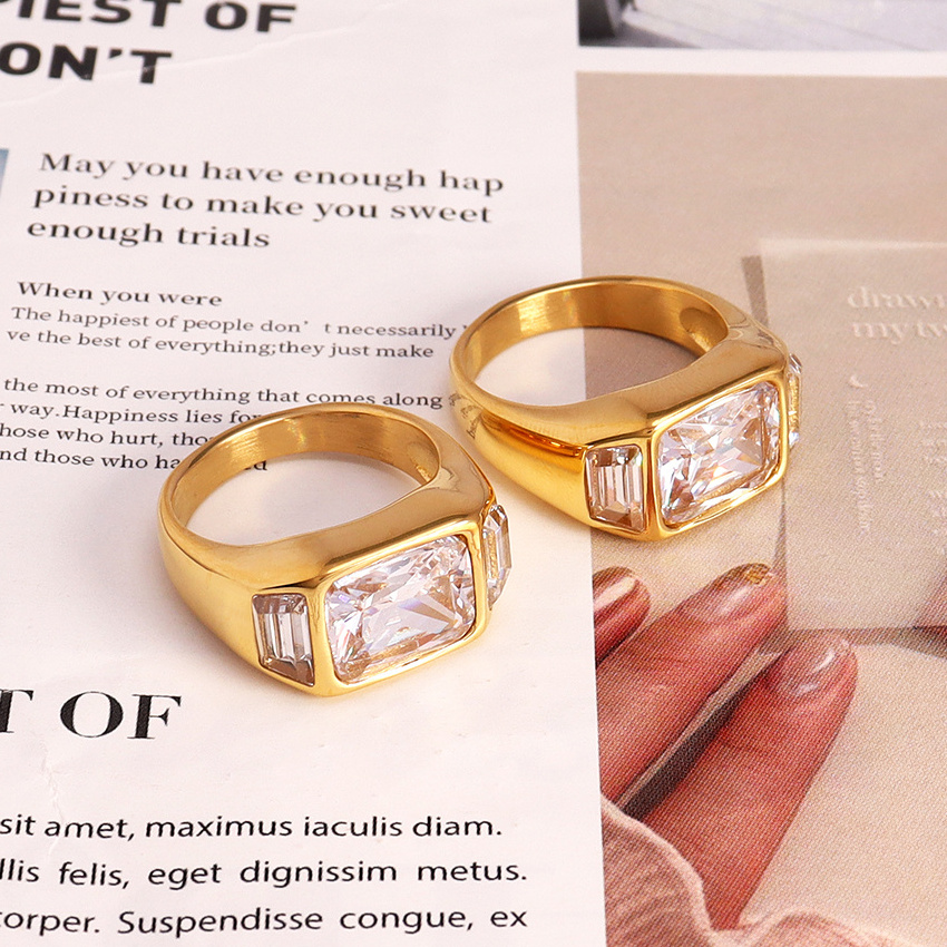 Exquisite Thick Geometric Multi Diamond Ring Stainless Steel Ladies Jewelry 18K Gold Waterproof Three Sides Clear Cz Zircon Ring