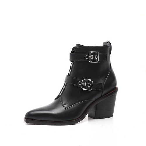 2021 Newly popular chunky heel fashion Italy cow leather ladies boots with buckle decorated boots for women and ladies