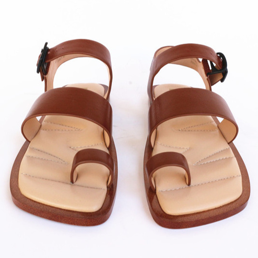 Wholesale Real Cow Leather Flats Square Toe Bulk Ladies Custom Buckle Sandals with Logo