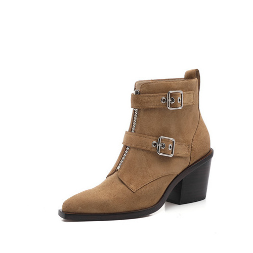 2021 Newly popular chunky heel fashion Italy cow leather ladies boots with buckle decorated boots for women and ladies