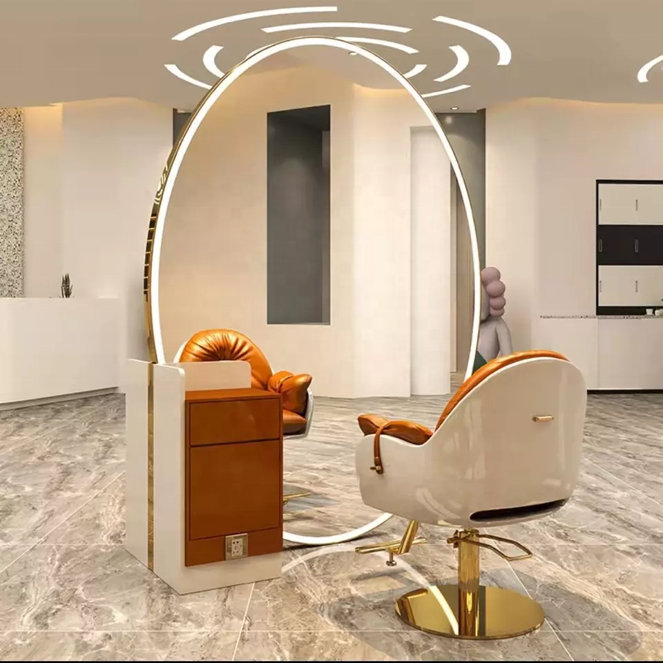 2024 Salon equipment other salon furniture double sided barber stations hair styling mirror salon station with lights