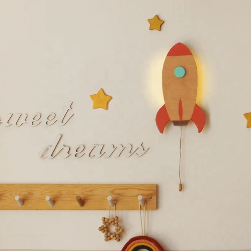 Handmade Gift Space Wooden Nursery Lighting Rocket Saturn Spaceman Wood Wall Lamp Lighting Baby Room Night Light