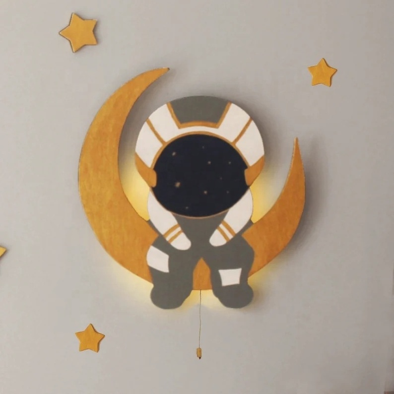 Handmade Gift Space Wooden Nursery Lighting Rocket Saturn Spaceman Wood Wall Lamp Lighting Baby Room Night Light