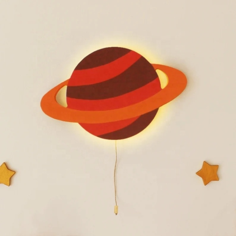 Handmade Gift Space Wooden Nursery Lighting Rocket Saturn Spaceman Wood Wall Lamp Lighting Baby Room Night Light