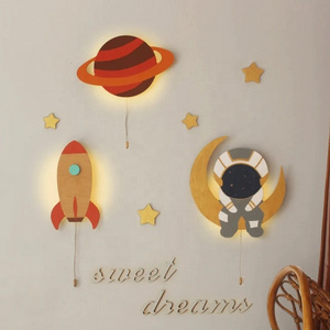 Handmade Gift Space Wooden Nursery Lighting Rocket Saturn Spaceman Wood Wall Lamp Lighting Baby Room Night Light