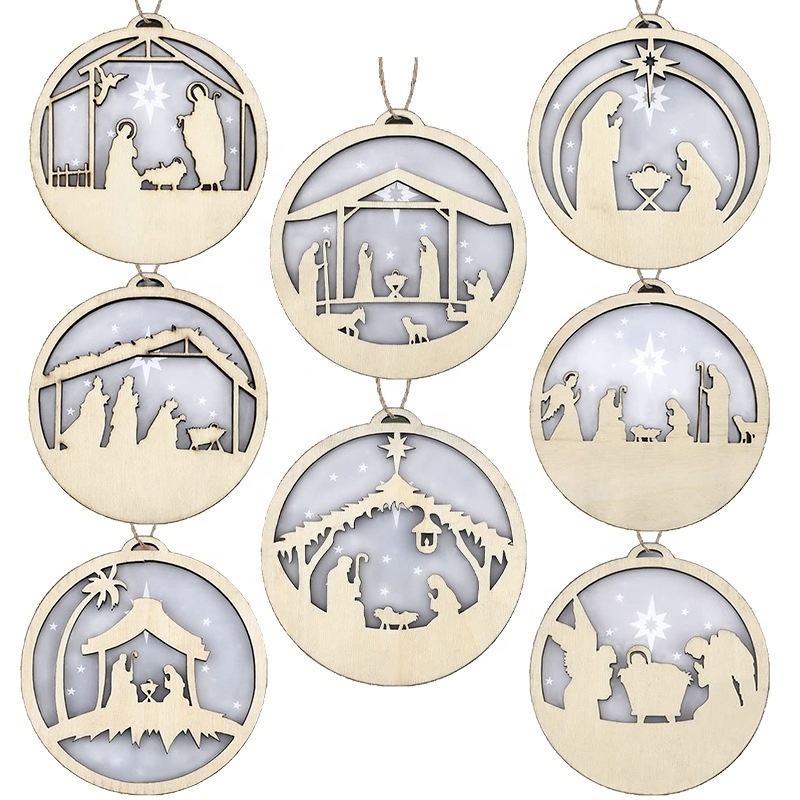 Laser 3D Cuttign Round Wooden Hanging Decoration Creative Christmas Nativity Scene Christmas Tree  Pendants