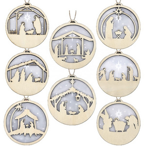 Laser 3D Cuttign Round Wooden Hanging Decoration Creative Christmas Nativity Scene Christmas Tree  Pendants