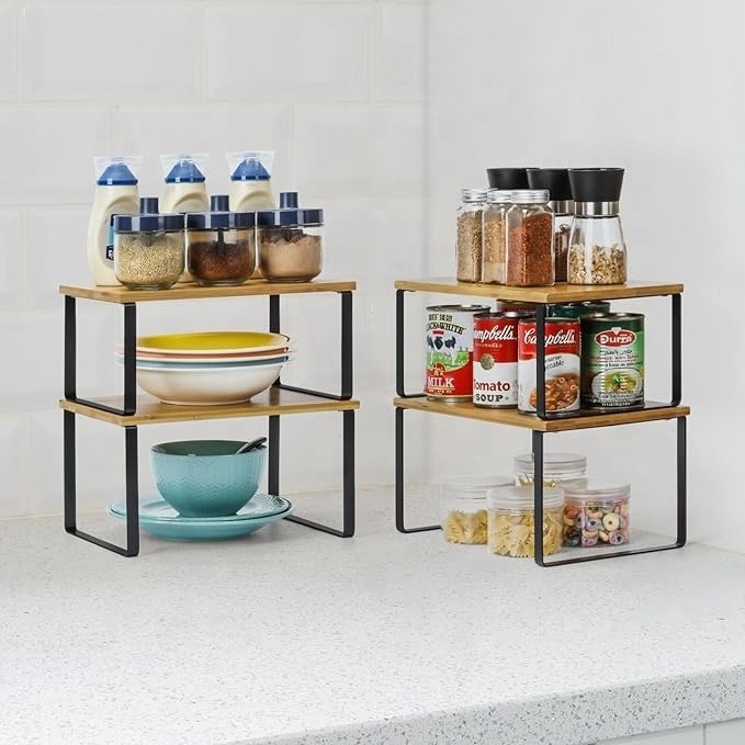 Set of 4 Kitchen Extendable Stackable Counter Top Spice Rack Organiser Cabinet Bamboo Storage Shelves