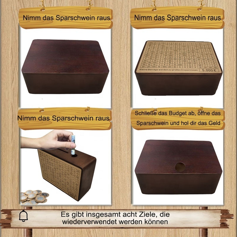 High Quality Pine Wood Money Savings Box Piggy Bank Counter Euro Coin Gift Box